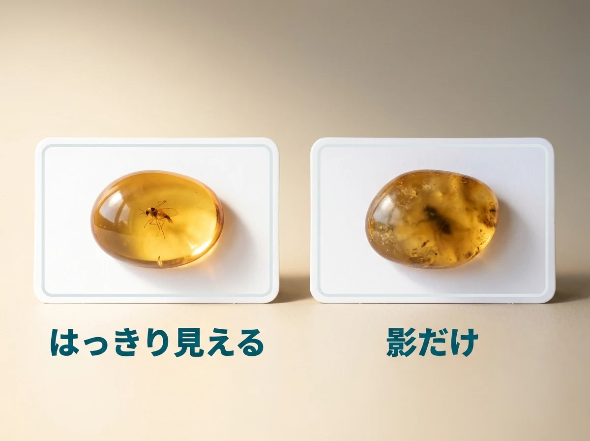 虫がはっきり見える琥珀と、影だけが見える琥珀を並べた図
