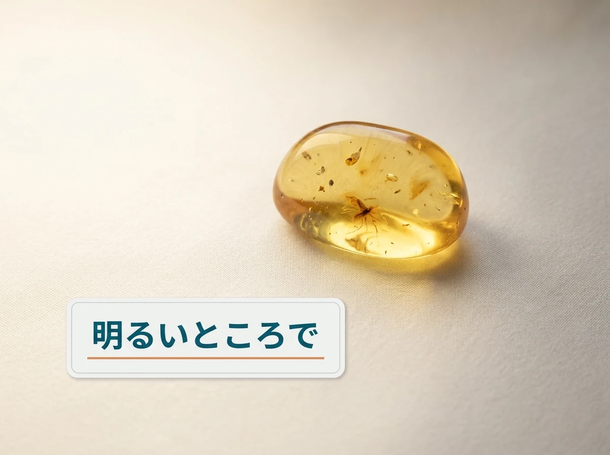 やわらかい光に透かして見た、内部に虫のある琥珀の写真