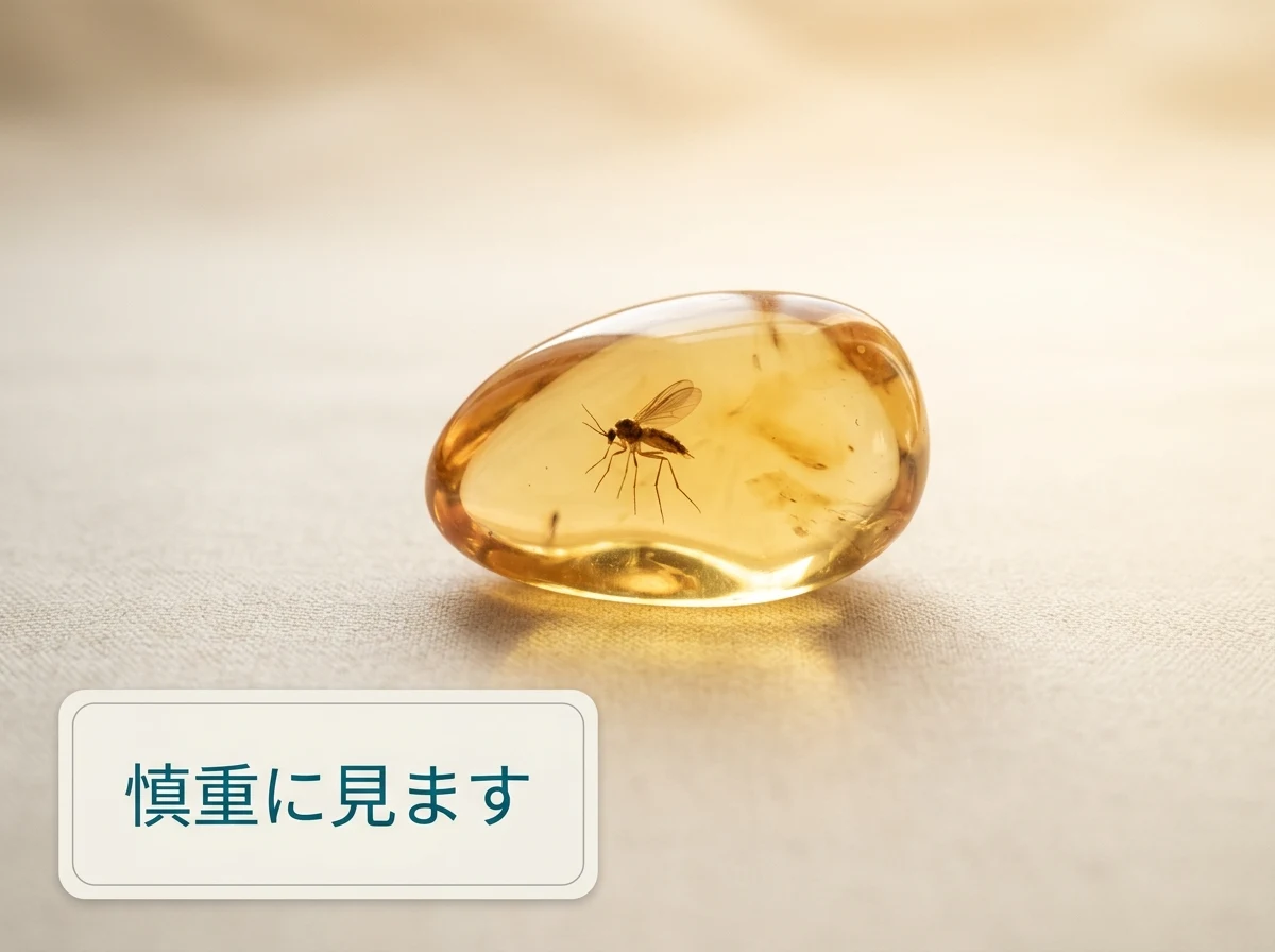 内部に、全身の姿がそろった虫が入った琥珀のマクロ写真