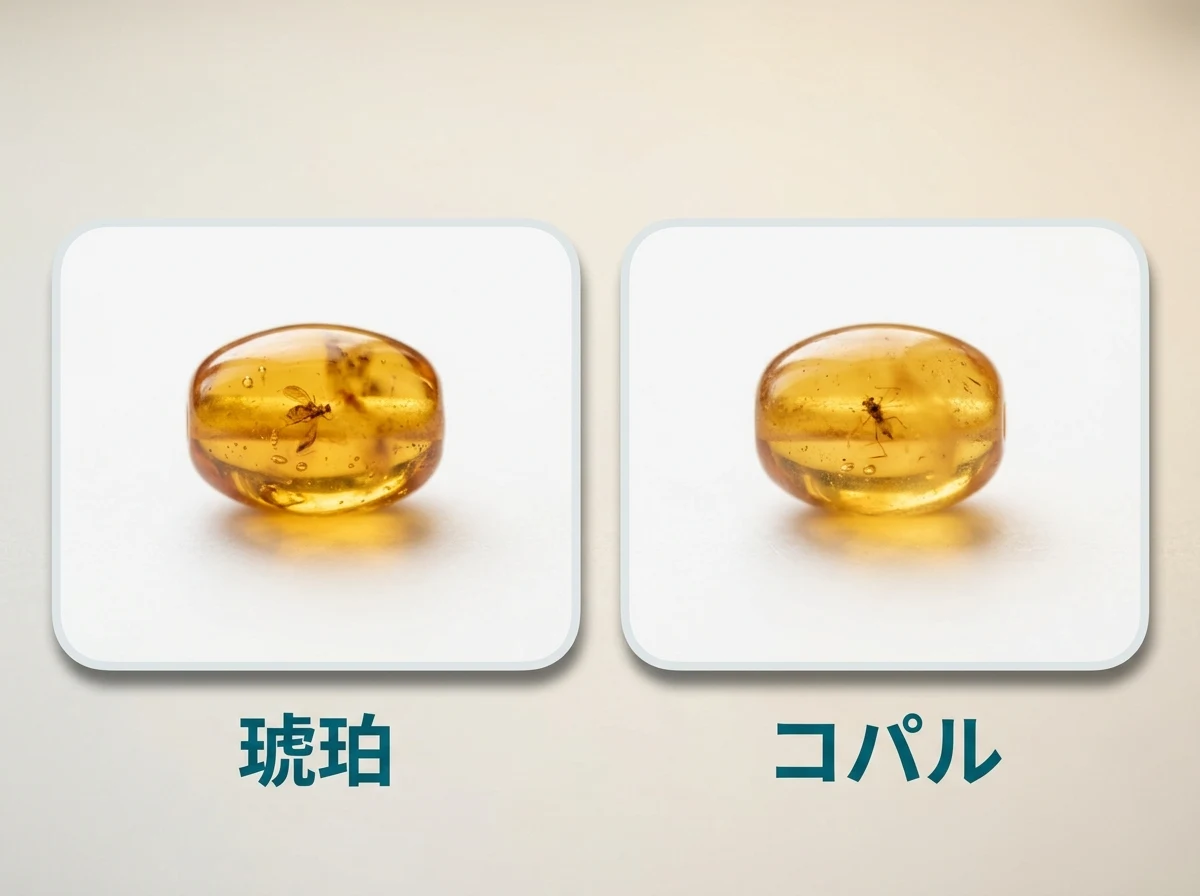 虫が入った琥珀と、虫が入ったコパルを並べた図。見た目では区別できないことを示す図