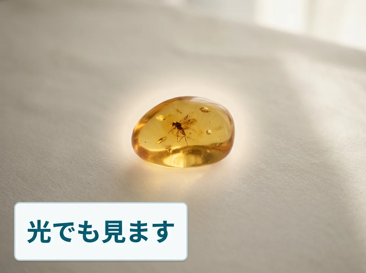 やわらかい光のなかに置かれた、内包物の見える琥珀のルースの写真