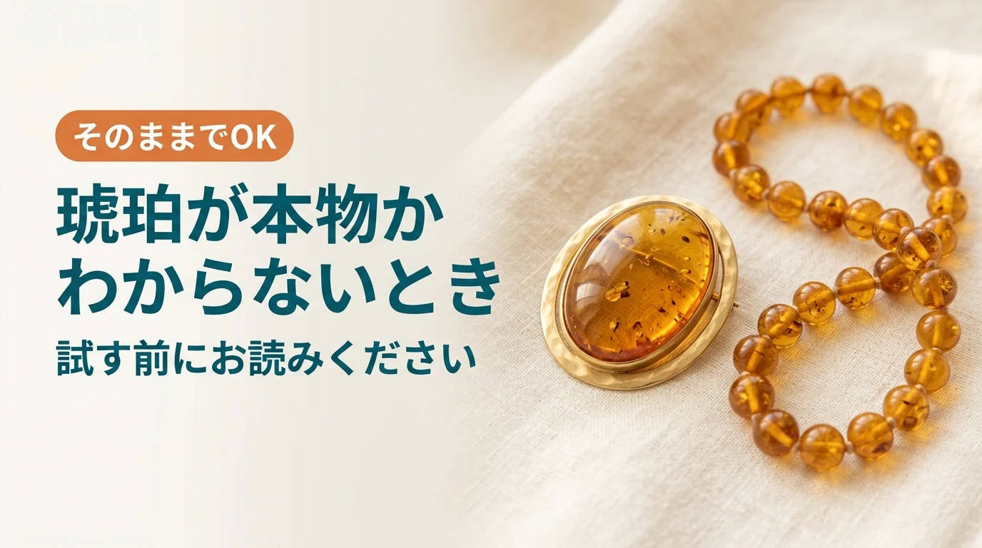 蜂蜜色の琥珀のブローチとビーズのネックレスをやわらかい布の上に並べた写真