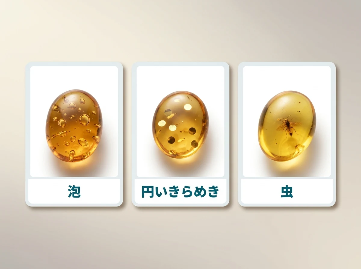 傷めずに見られる3つの特徴を並べた図。泡・円いきらめき・虫