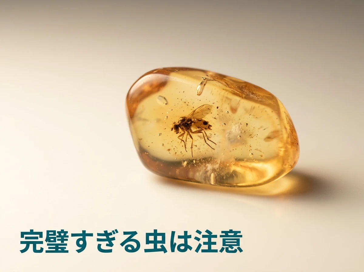 体の一部が欠け、まわりに気泡と濁りがある虫が入った琥珀のマクロ写真