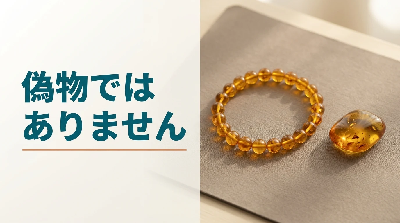 琥珀のブレスレットとルースを布の上に置いた写真