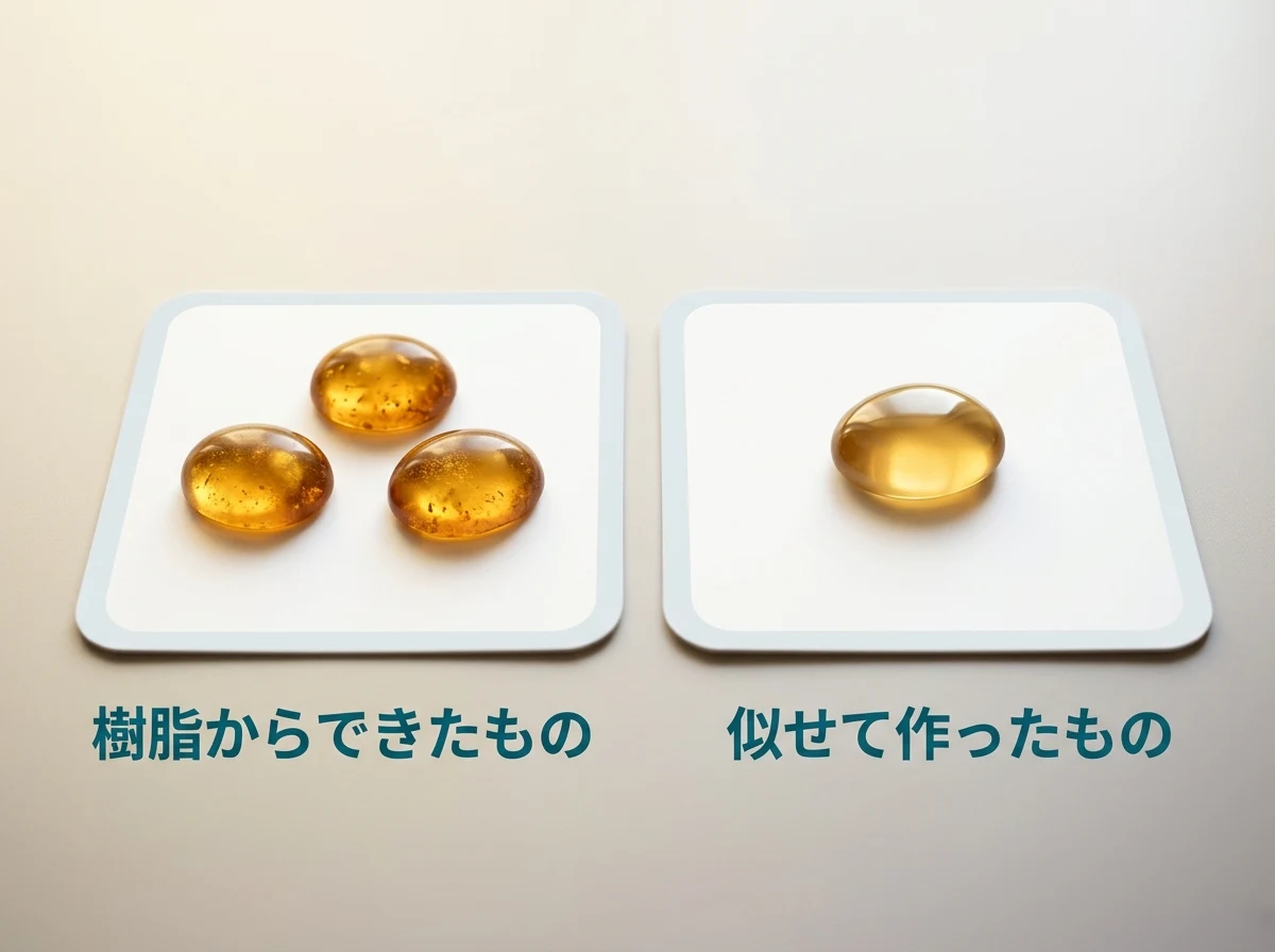 樹脂からできたものと、似せて作ったものを分けて示した図