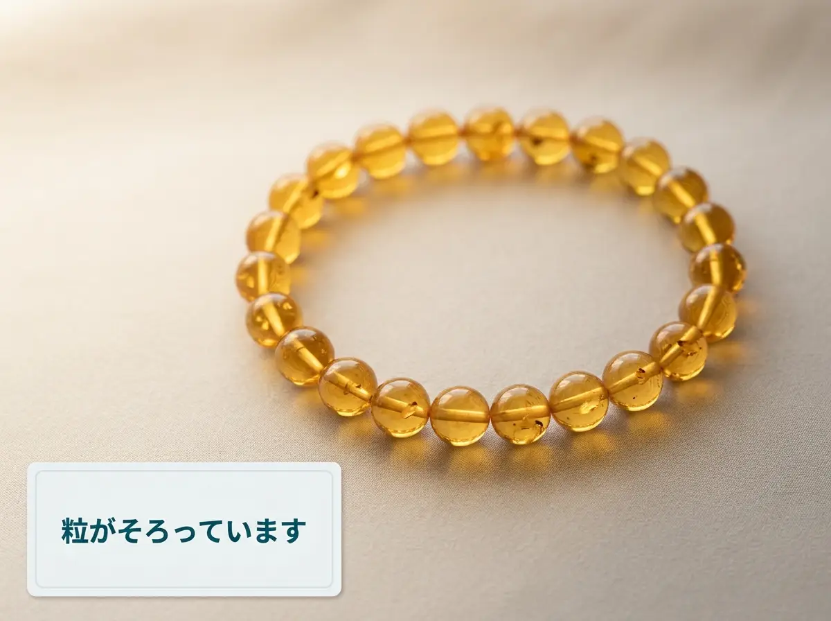 粒の大きさがそろった琥珀のブレスレットを布の上に置いた写真