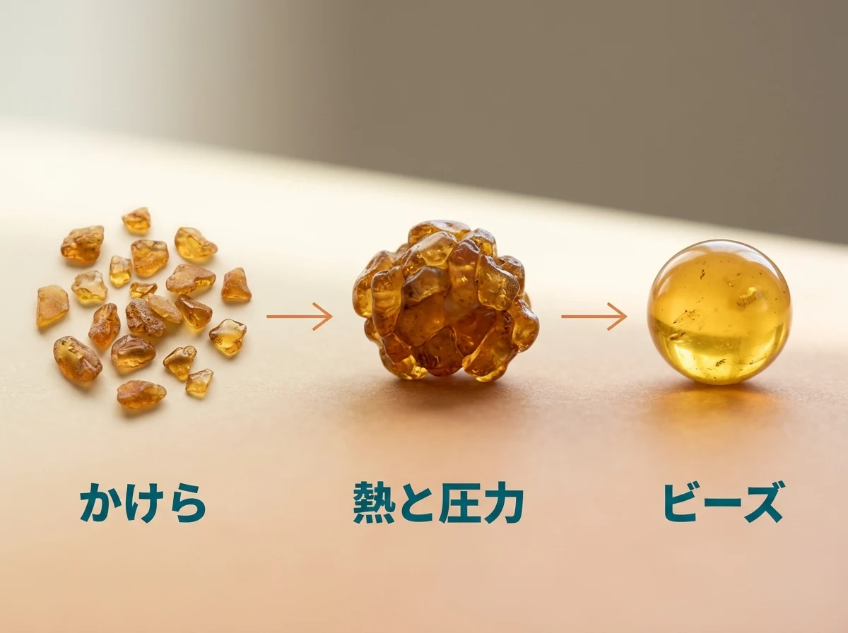 琥珀のかけらが熱と圧力でひとつのビーズになる過程を示した図