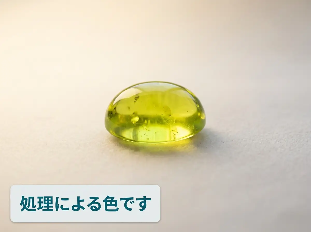 明るい黄緑色をした琥珀のルースの写真。この色は処理の結果