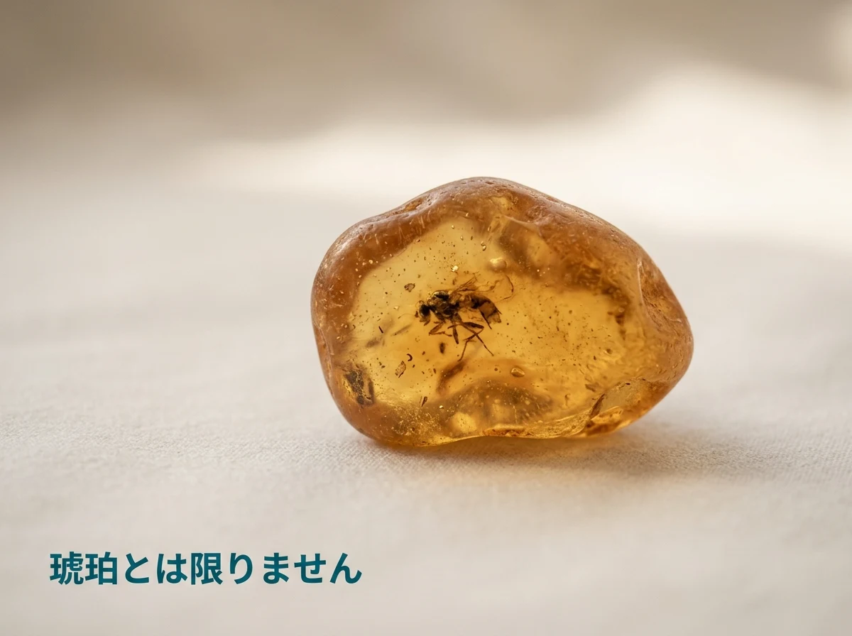 内部に小さな虫が入った蜂蜜色の樹脂のマクロ写真。虫入りは琥珀である証拠にならない