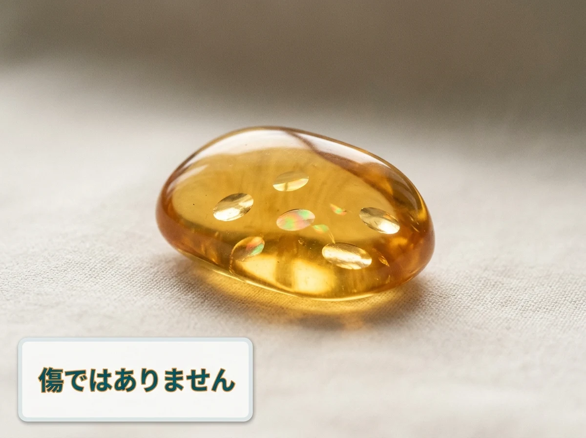 琥珀の内部に円盤状のきらめきが散っている写真。傷ではなく加熱処理の跡