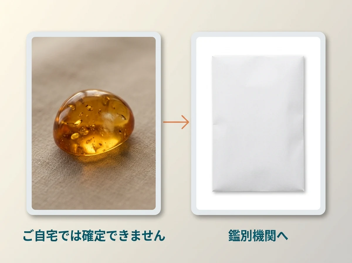自宅では確定できず、鑑別機関へ依頼する流れを示した図