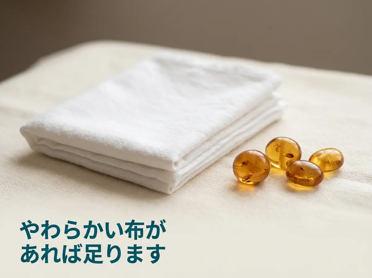 やわらかい布と琥珀のビーズをマットな布の上に置いた写真