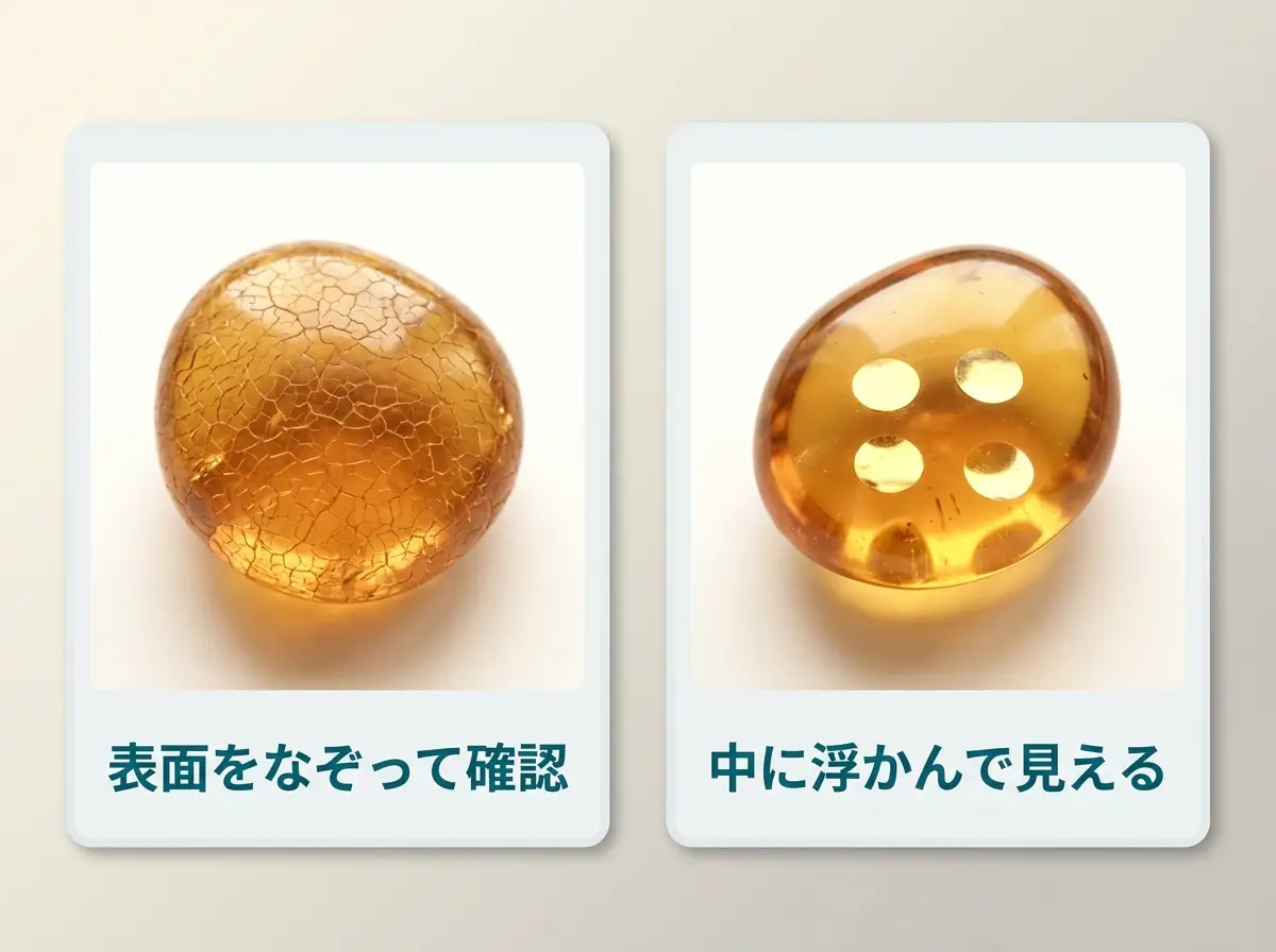 表面の細かい割れがある琥珀と、内部に円盤状のきらめきがある琥珀を並べた図