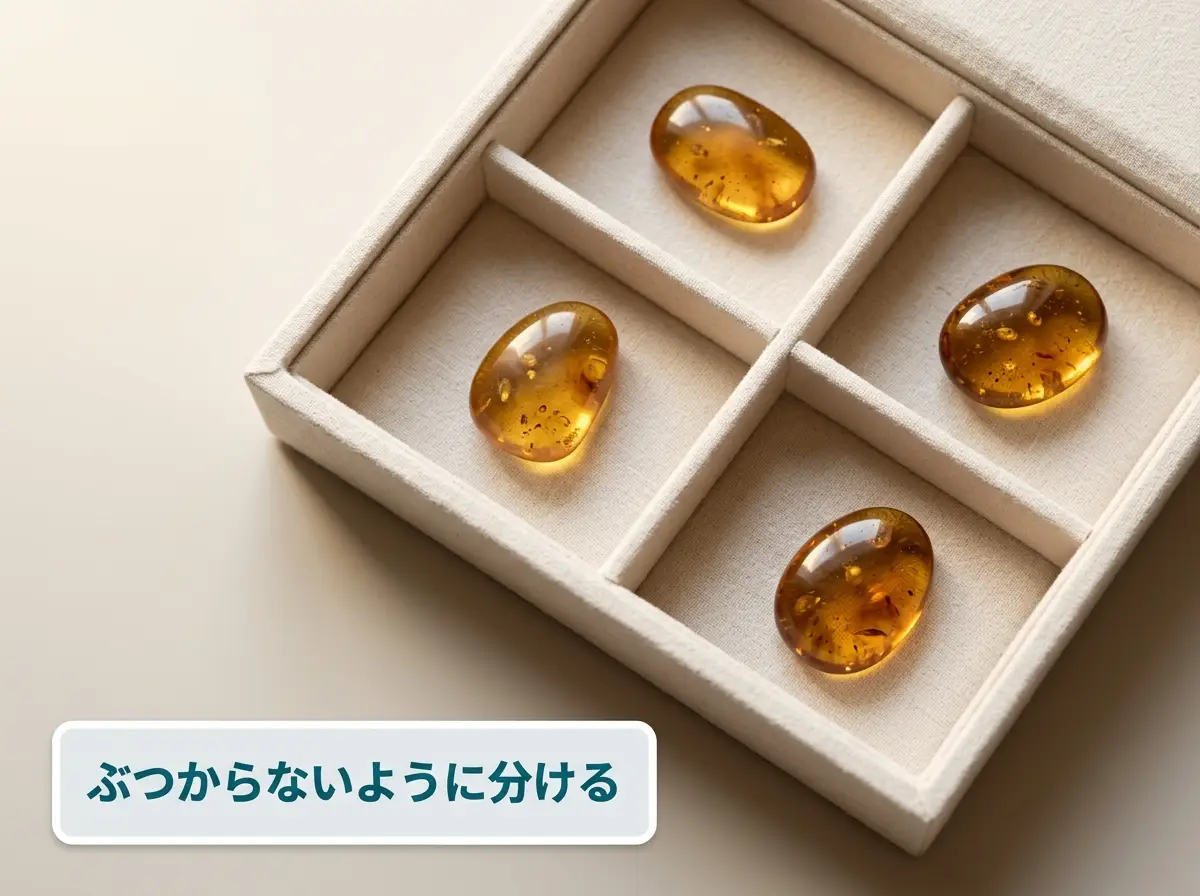 仕切りのあるケースに一点ずつ分けて収めた琥珀の写真