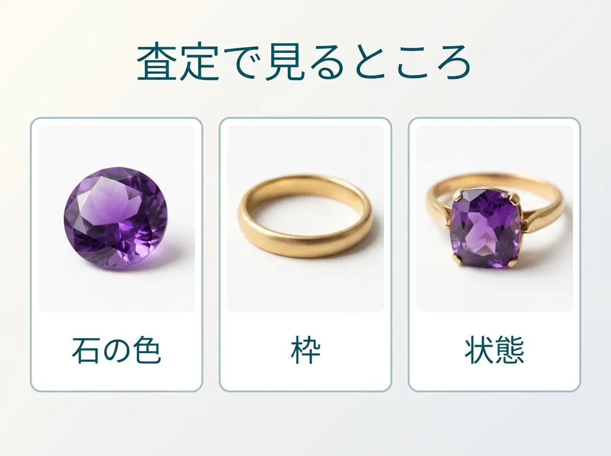 石・枠・状態の3つの見るところを実物で示した図