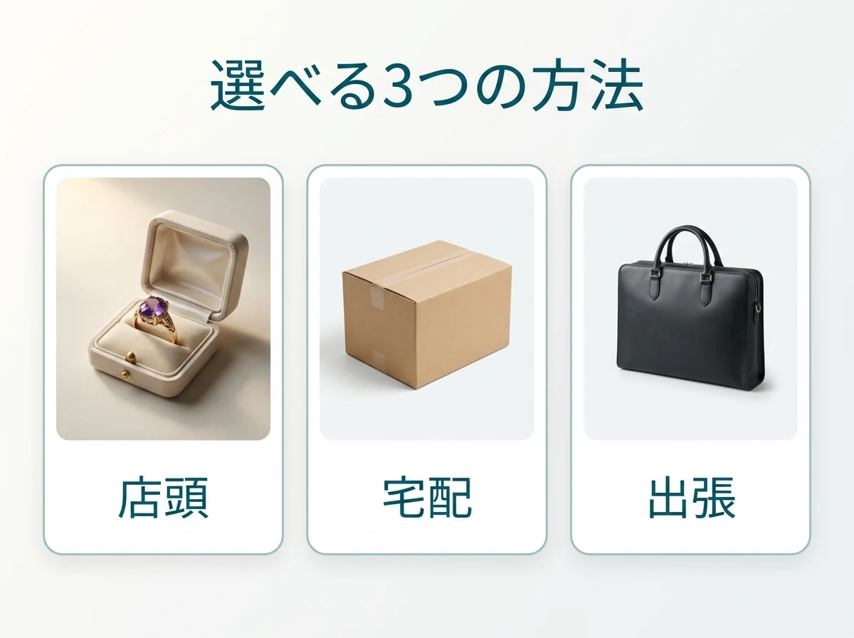 店頭・宅配・出張の3つの方法を実物で示した図