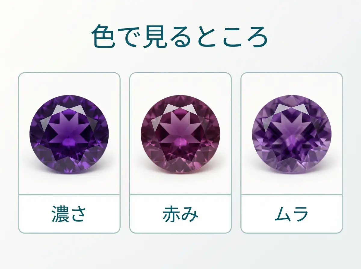 濃さ・赤み・ムラの3つの見るところを石で示した図