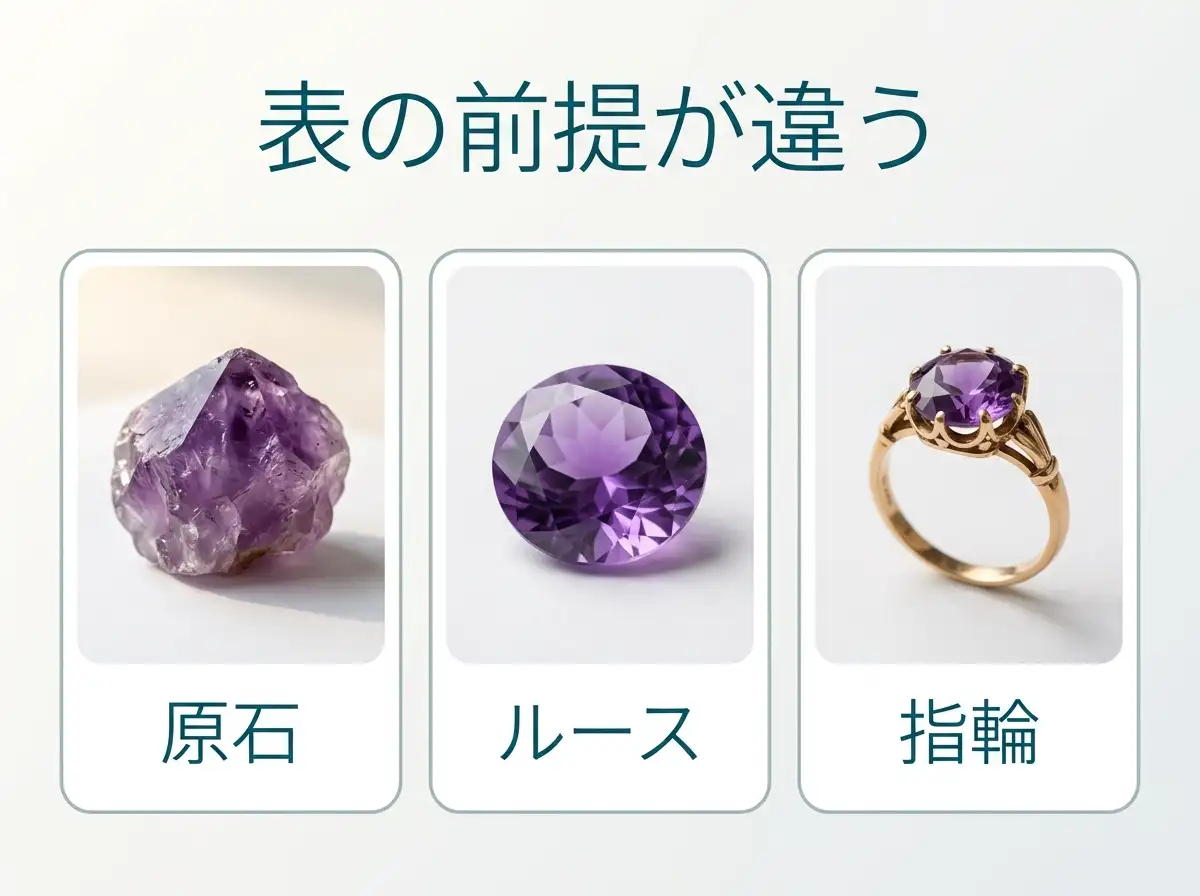 原石・ルース・指輪の3つを並べ、前提が違うことを示した図