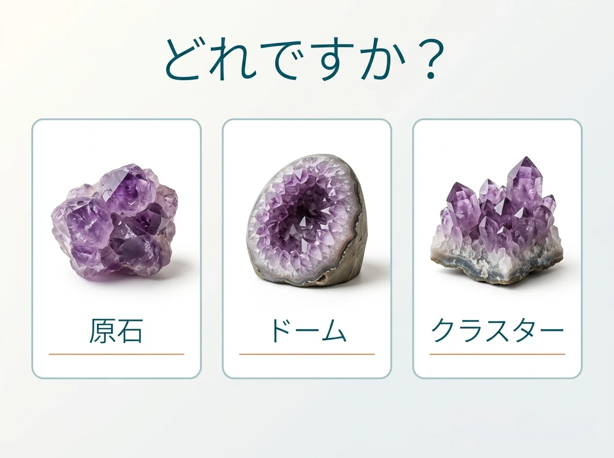 原石・ドーム・クラスターの3つを並べた図