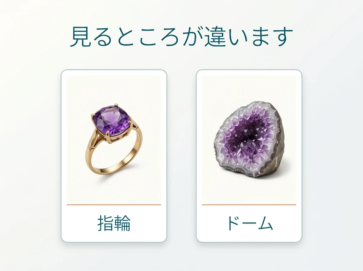 指輪の石とドームを並べ、見るところが違うことを示した図