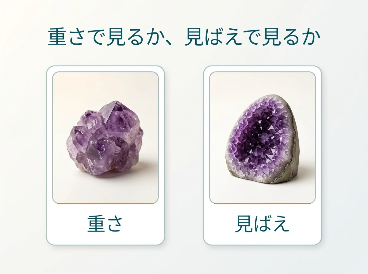 重さで見る見方と見ばえで見る見方を2つの実物で示した図