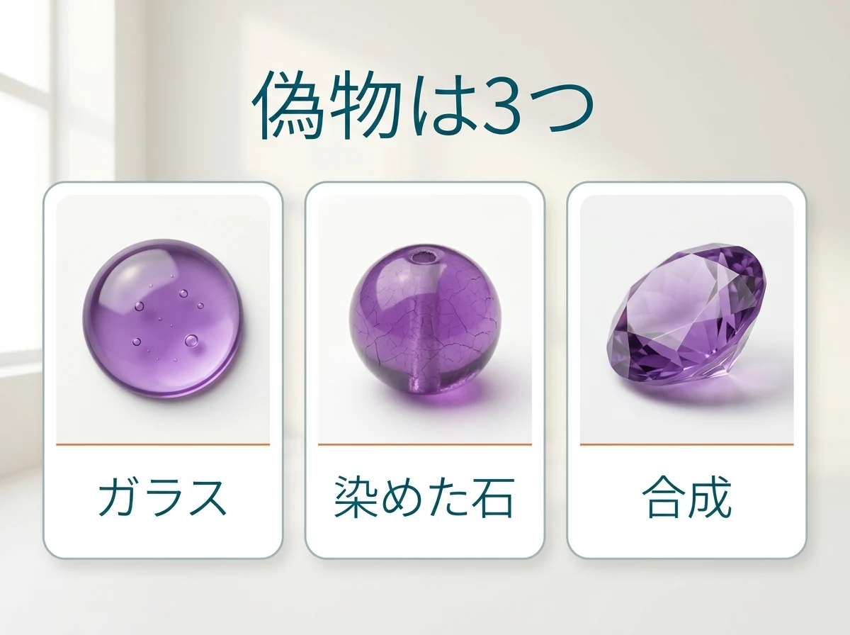 ガラス・染めた石・合成の3つを並べた図