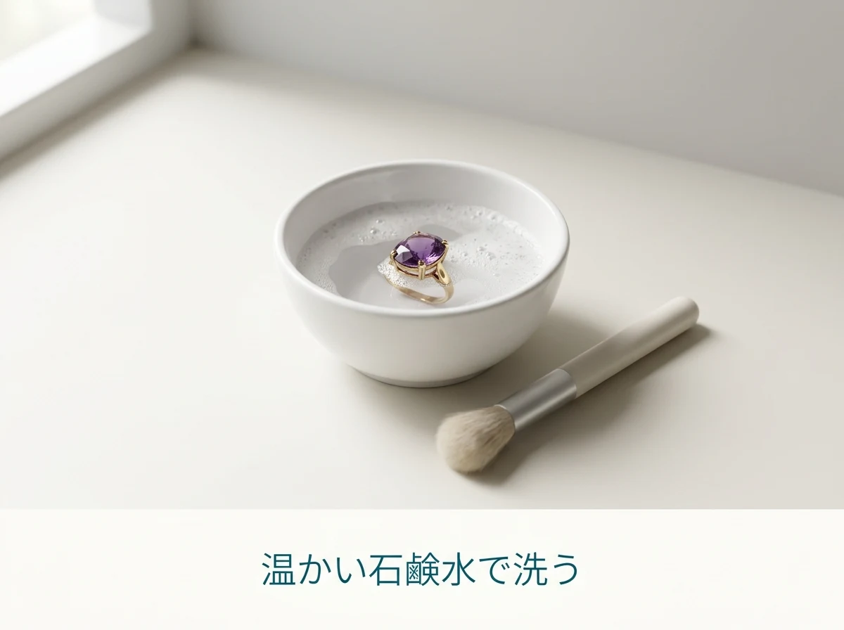 温かい石鹸水を入れた器とアメジストの指輪、やわらかいブラシ