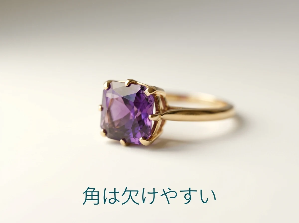 角が少し欠けた紫の石の指輪