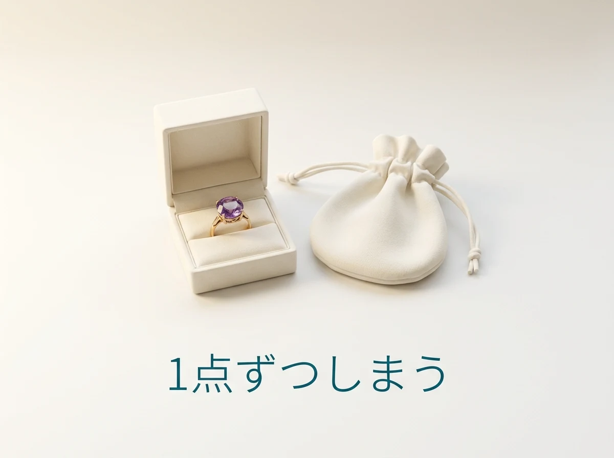 布袋と小箱にしまわれたアメジストのジュエリー