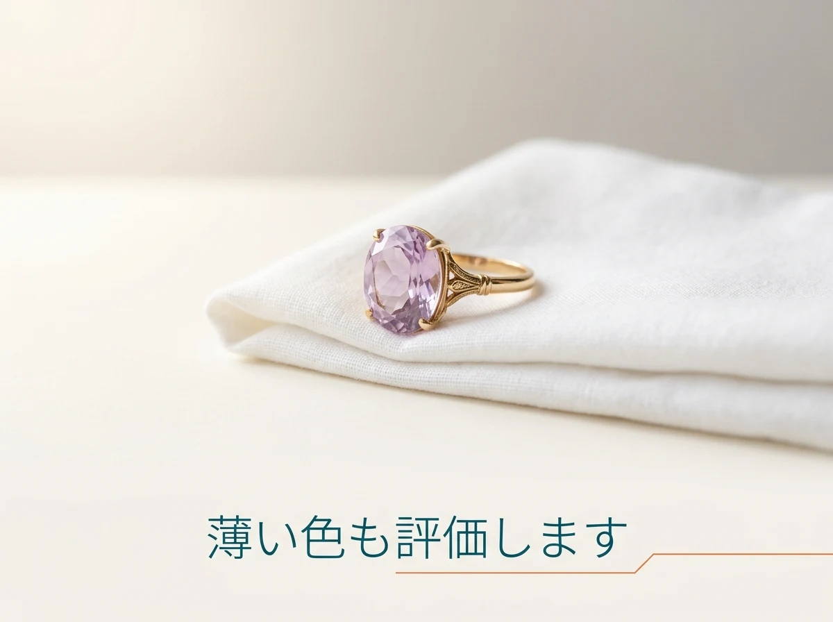 布の上に置かれた、淡い紫の石の指輪