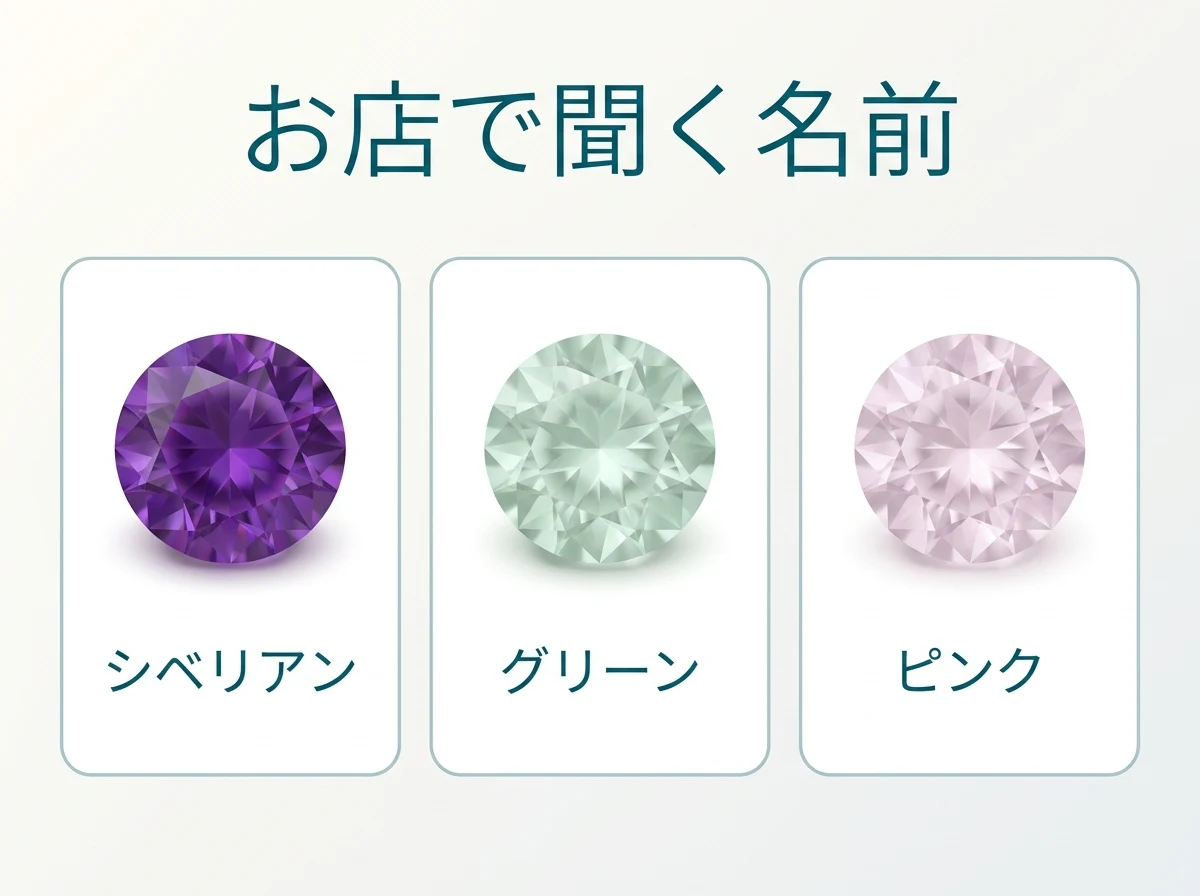 シベリアン・グリーン・ピンクと呼ばれる3つの石を並べた図