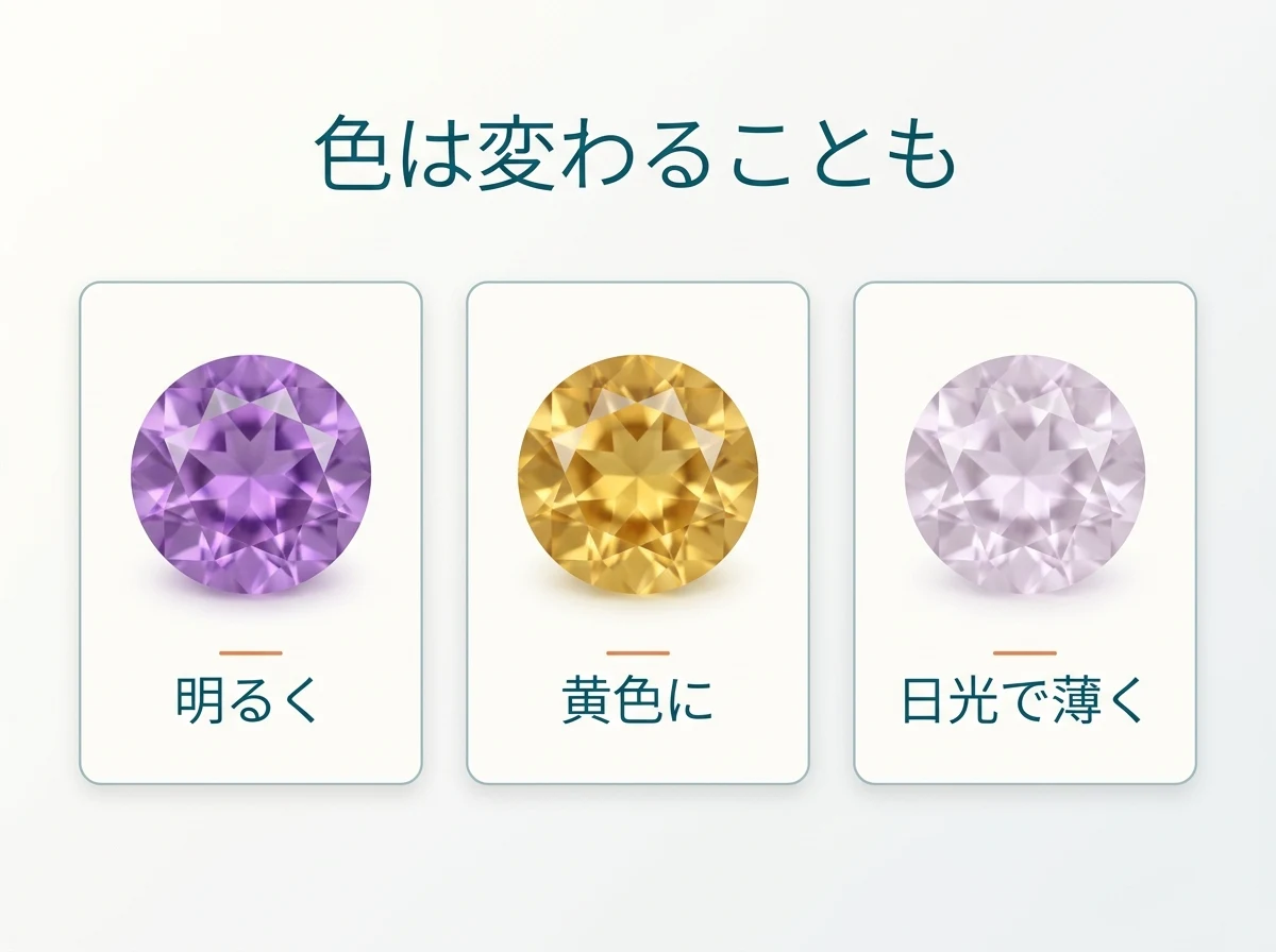 加熱で明るくなった石・黄色になった石・日光で薄くなった石を並べた図