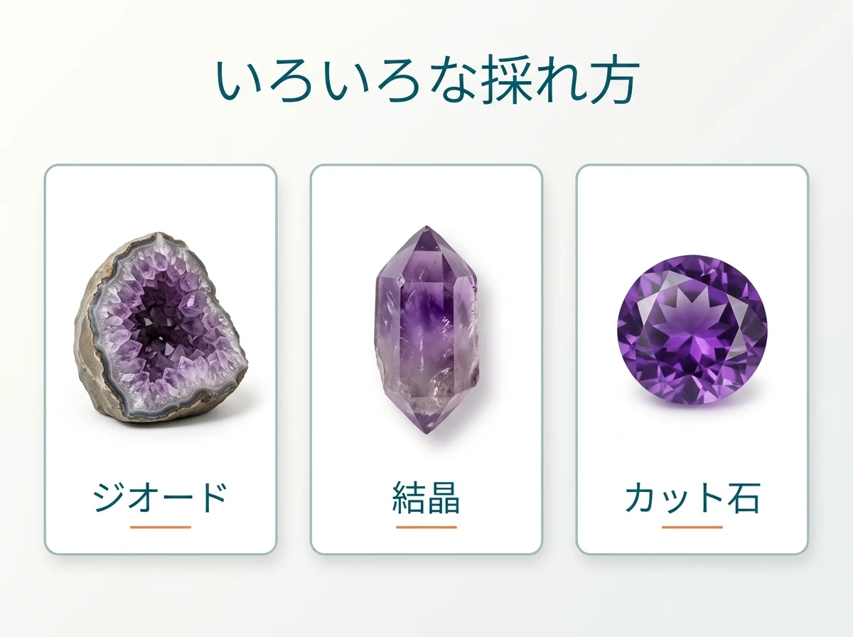 ジオード・結晶・カット石の3つを並べた図