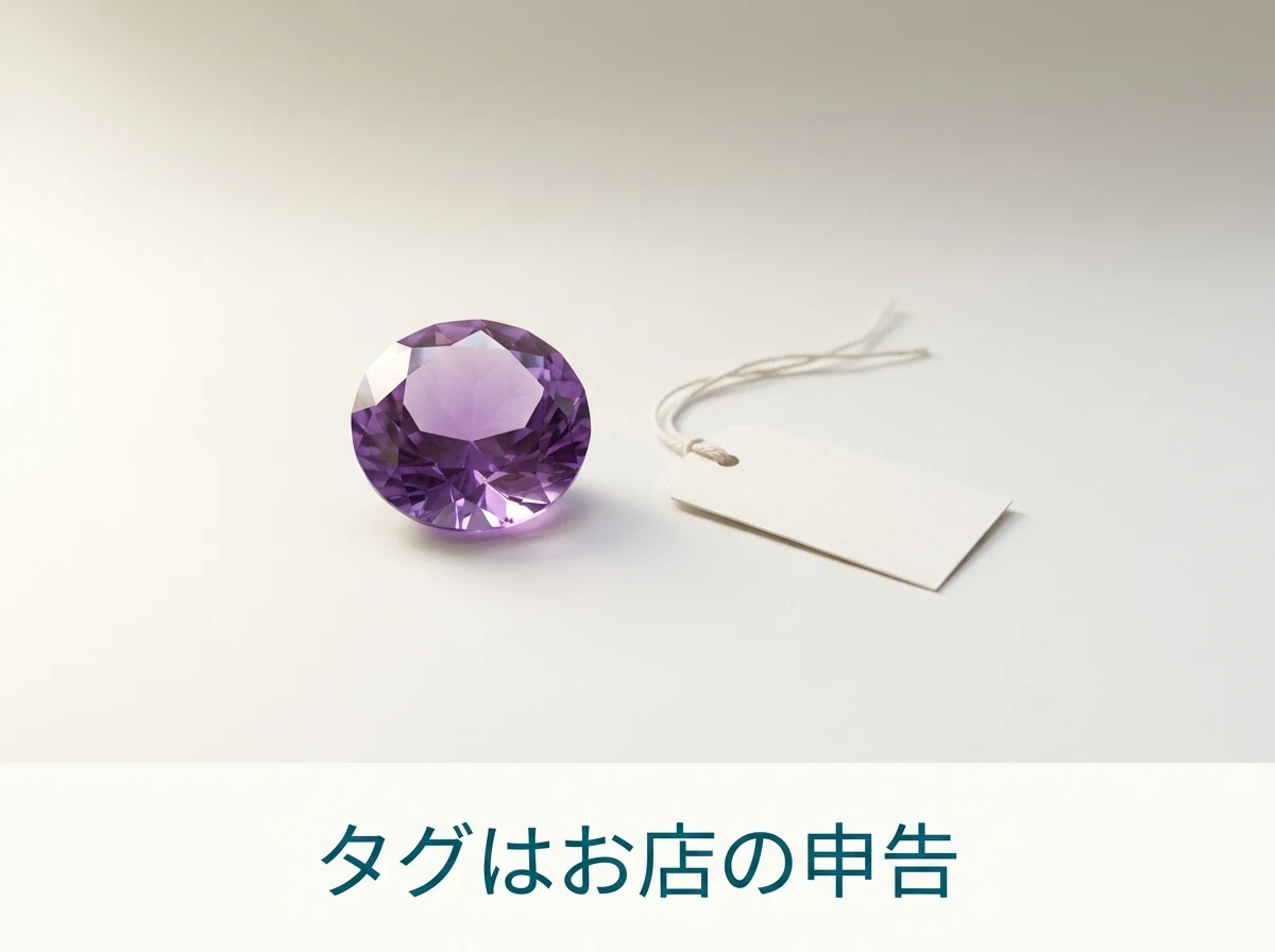 小さな無地の紙のタグがついたアメジストのルース