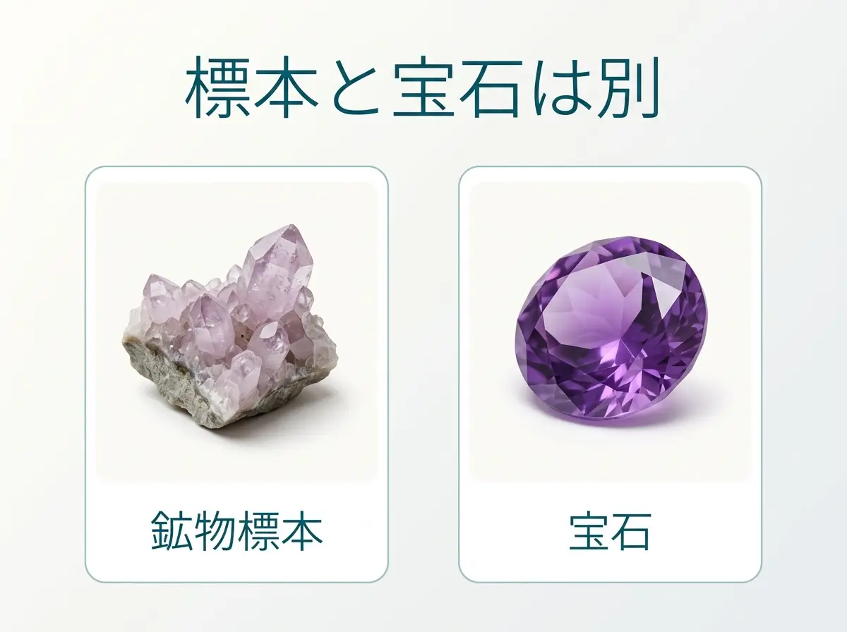 母岩つきの淡い紫の結晶標本とカットされた宝石を並べた図