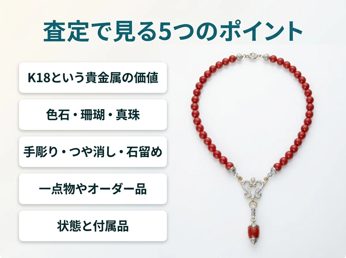 カッツァニーガの査定で見る5つのポイント。K18という貴金属の価値、色石・珊瑚・真珠、手彫り・つや消し・石留め、一点物やオーダー品、状態と付属品