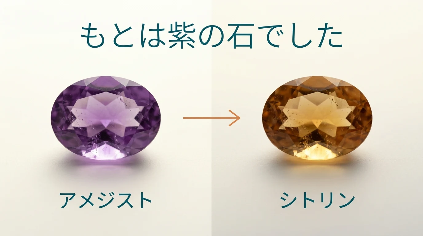紫のアメジストから黄色いシトリンへ。市場のシトリンの多くが加熱されたアメジストであることを示す