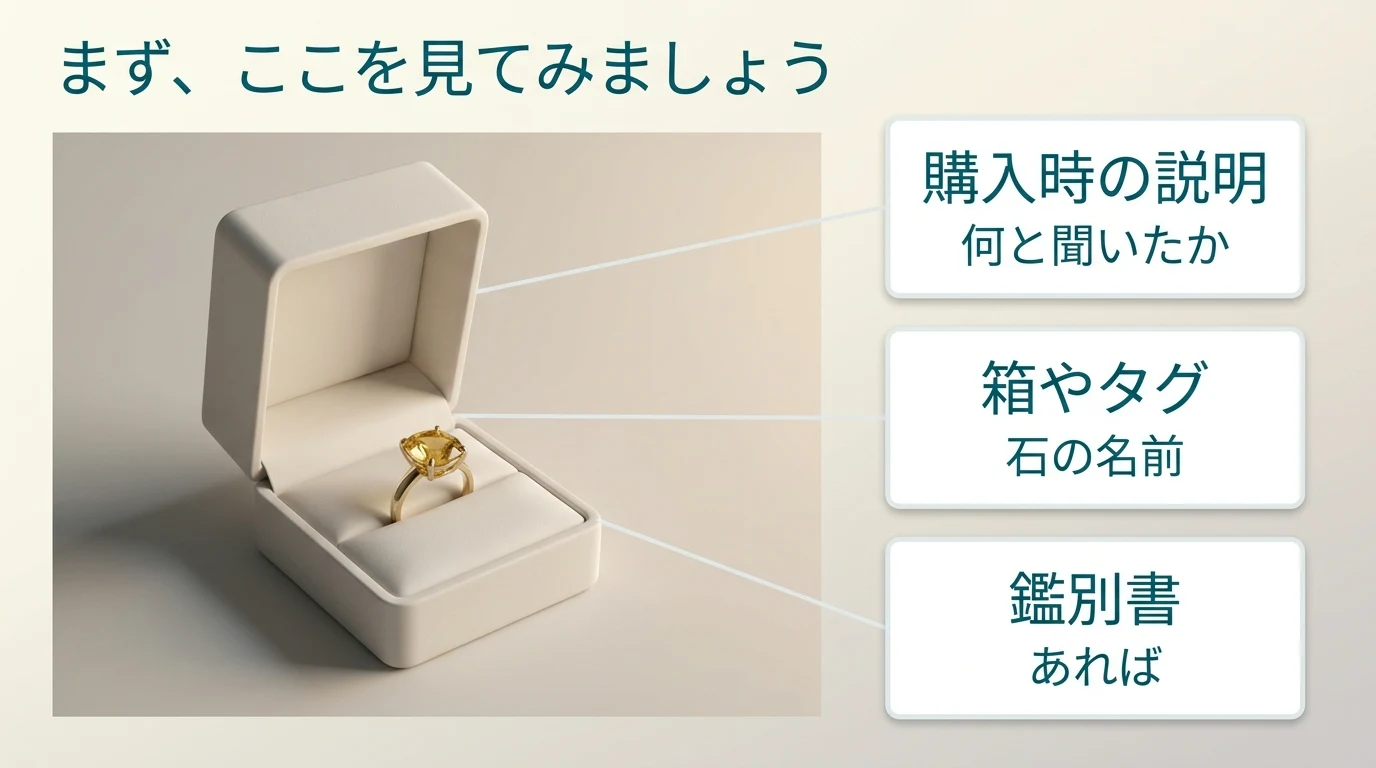 加熱かどうかを確かめる前に、購入時の説明や箱の表記、鑑別書から辿れることを示した図