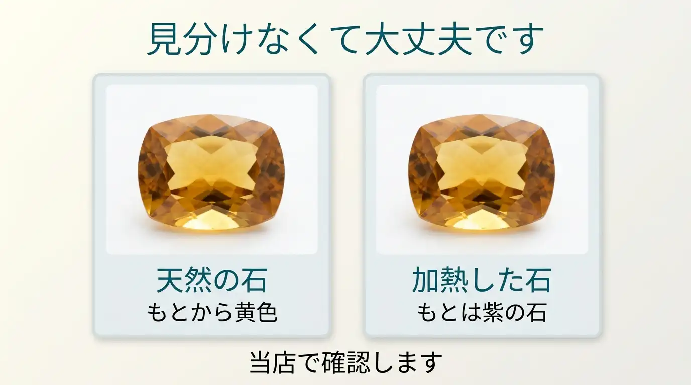 よく似た2粒の黄色いシトリン。天然か加熱かは見た目では判別できないことを示す