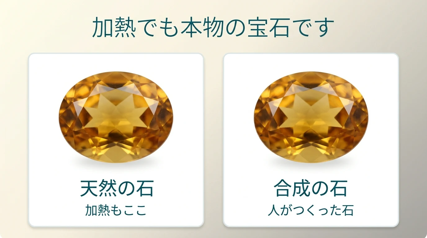 天然の石と合成の石を並べた図。加熱したシトリンは天然の石に含まれることを示す