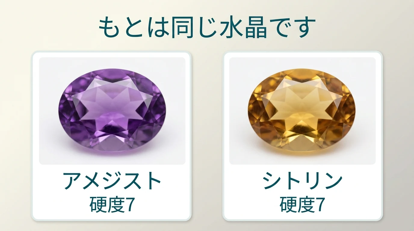 アメジストとシトリンがどちらも水晶で硬度7であることを示した比較図