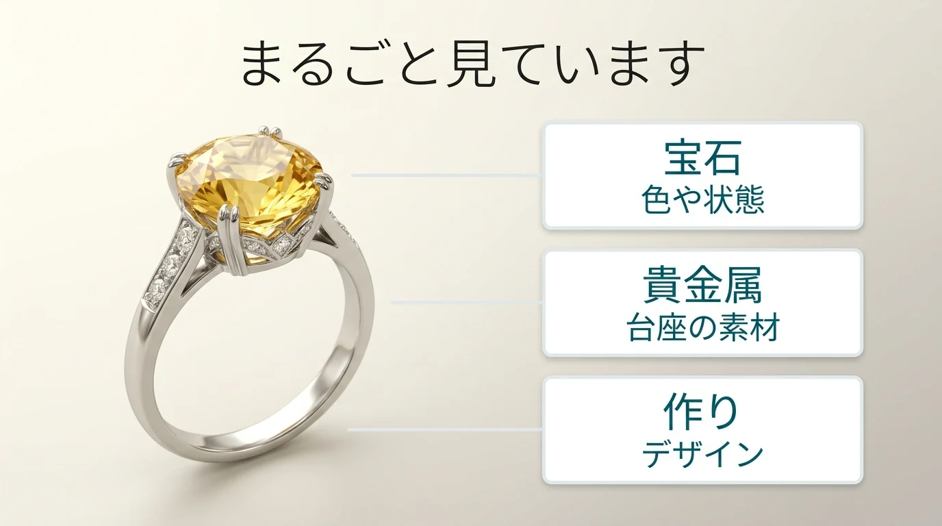 査定では宝石だけでなく貴金属や作りも含めて見ていることを示した図