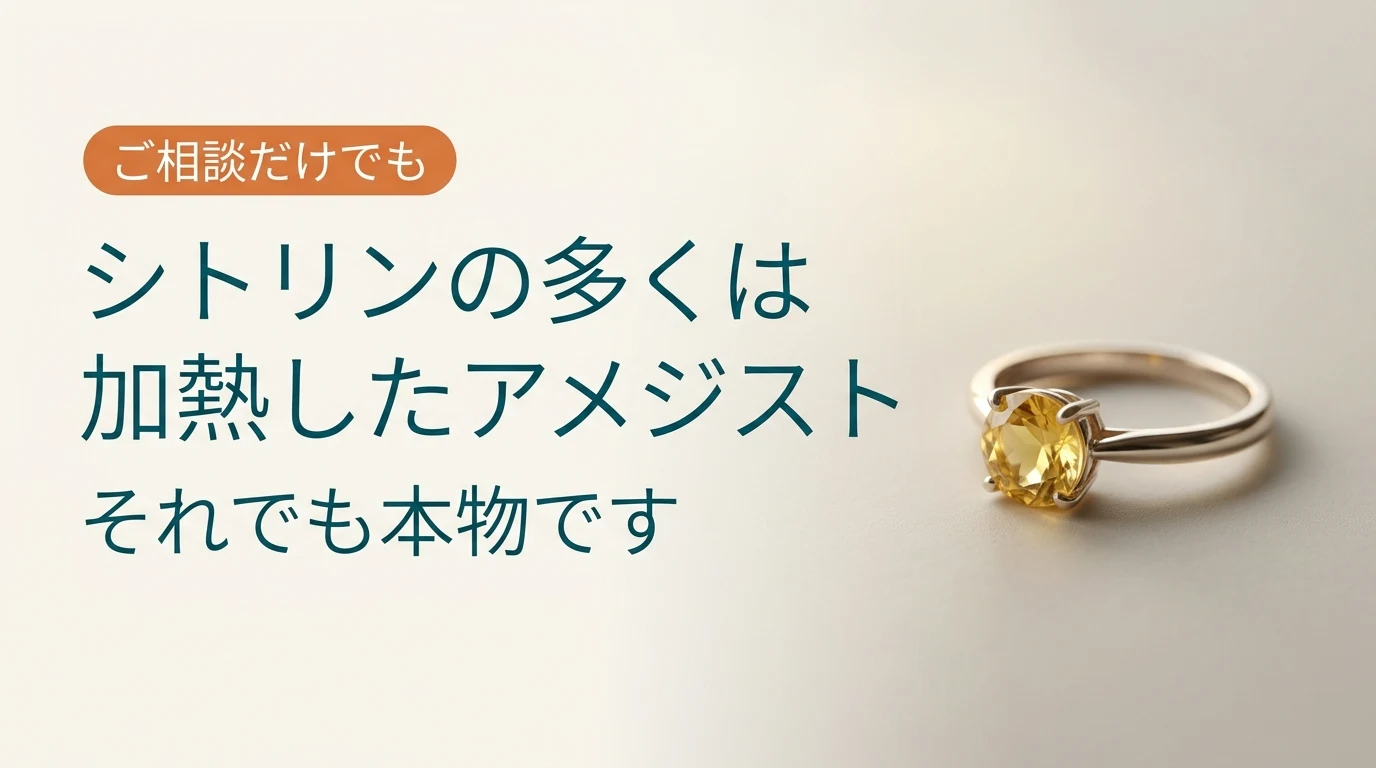 シトリンの多くが加熱したアメジストであることを解説する記事のアイキャッチ。黄色い石の指輪