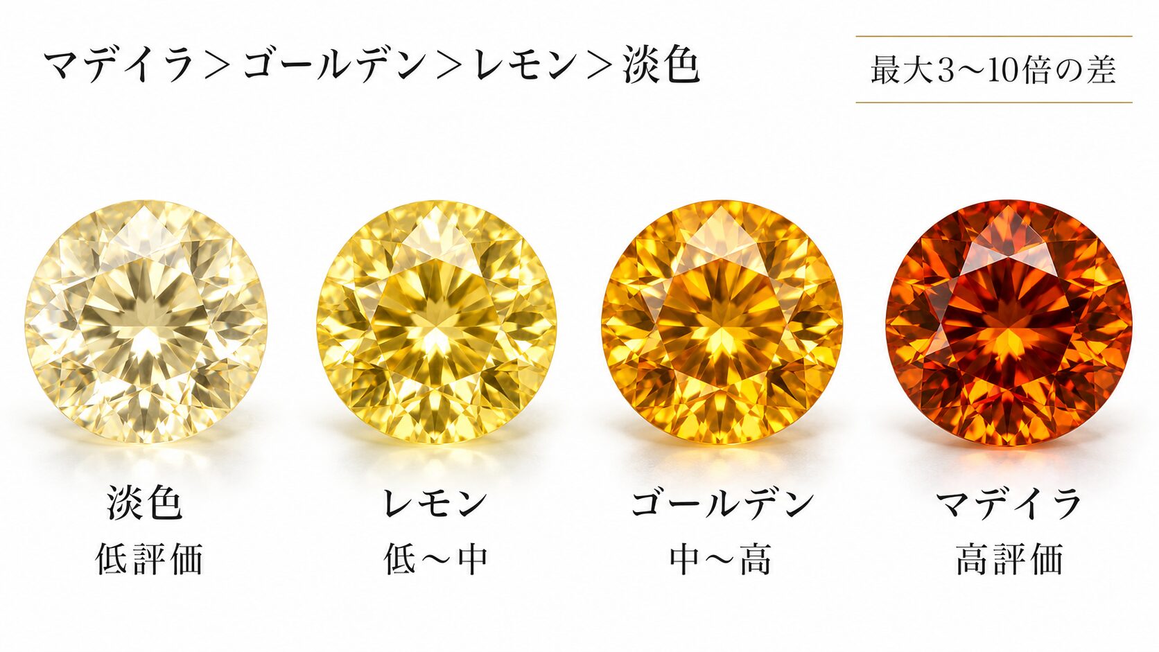 マデイラ・ゴールデン・レモン・淡色のシトリンを色の濃さ順に並べ、評価の高い順を示した色調比較画像です。