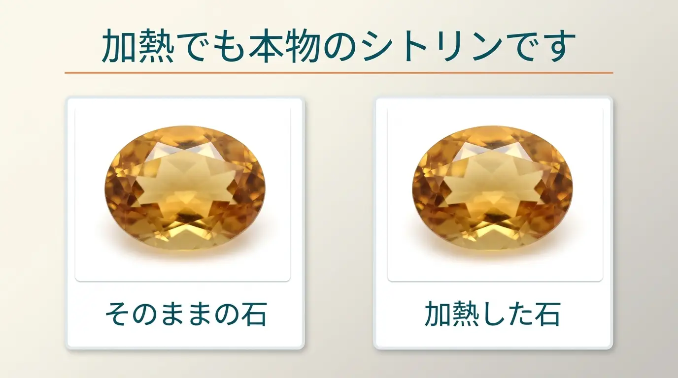 そのままの石と加熱した石を並べた図。どちらも本物のシトリンです