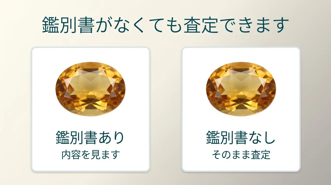 鑑別書がある場合とない場合を並べた図。どちらの場合もそのまま査定できます