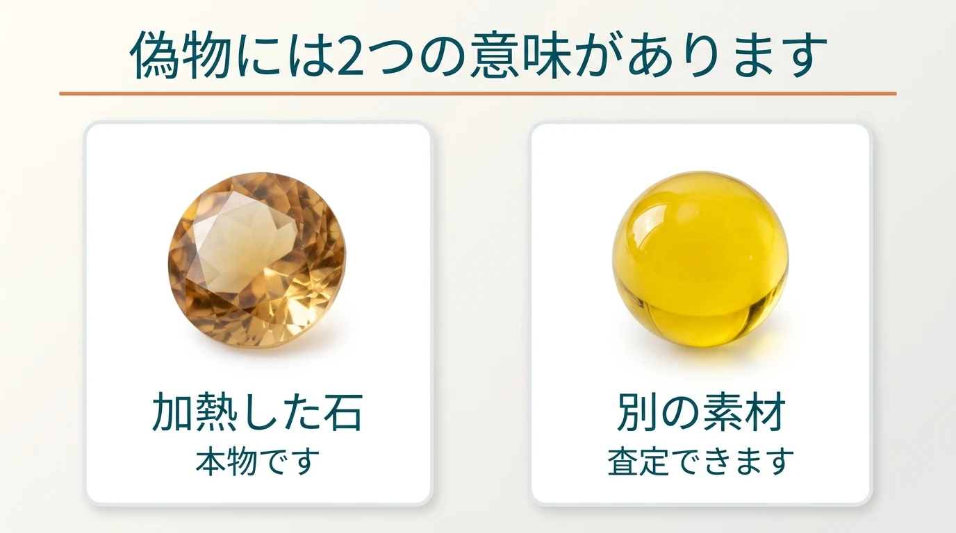加熱した石と別の素材でできた石を並べた図。どちらもそのまま査定できます