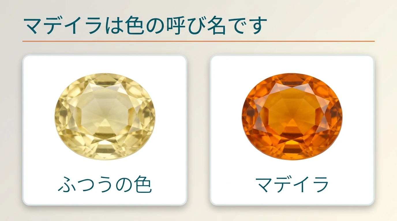 淡い黄色のシトリンと濃いオレンジ色のシトリンを並べた図。マデイラが色の呼び名であることを示します