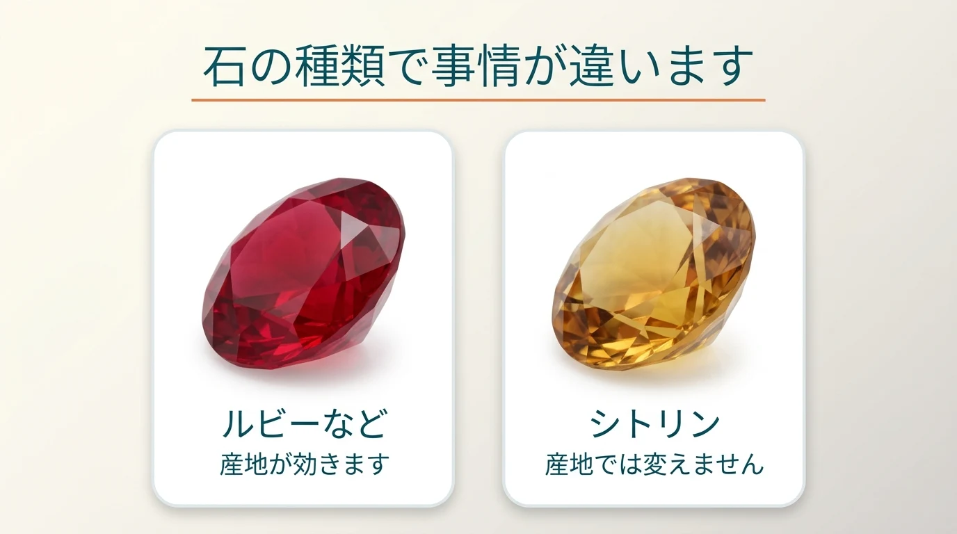 ルビーとシトリンを並べた図。産地が査定額に関わるかは石の種類によって違います